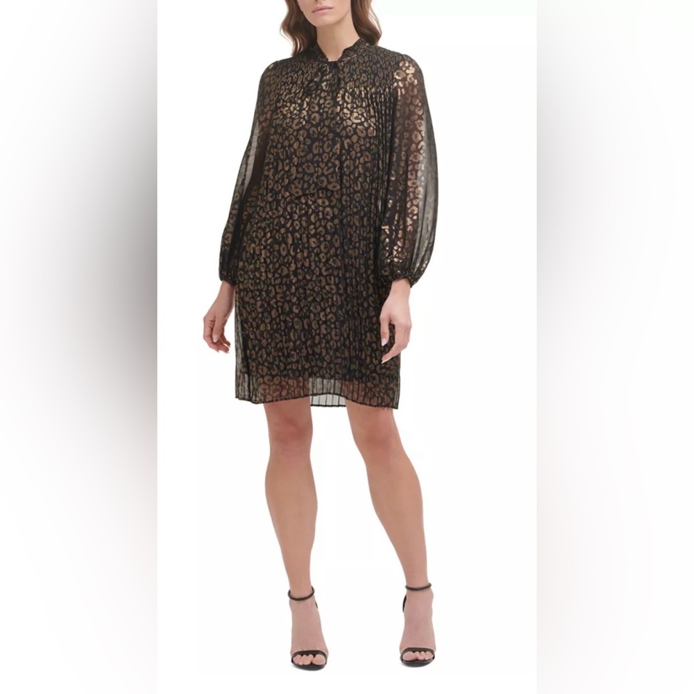 DKNY women's metallic black and gold leopard-print tie-neck pleated shift dress